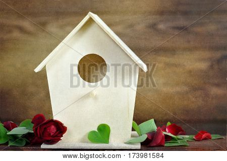 Happy Mothers Day card with bird house, red rose and heart shaped leaves