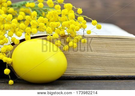 Easter card: Easter egg old book and spring flowers