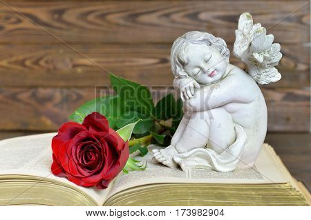 Angel and red rose on the book wooden background