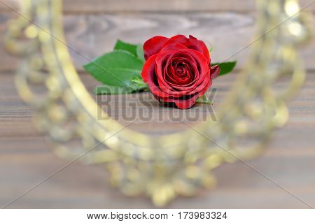 Valentines Day red rose in the vintage frame on wooden background