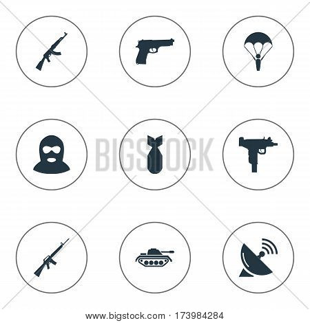 Set Of 9 Simple Army Icons. Can Be Found Such Elements As Rifle Gun, Signal Receiver, Nuke And Other.