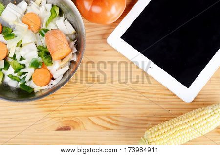 Vegetables and seasonings for cooking with tablet
