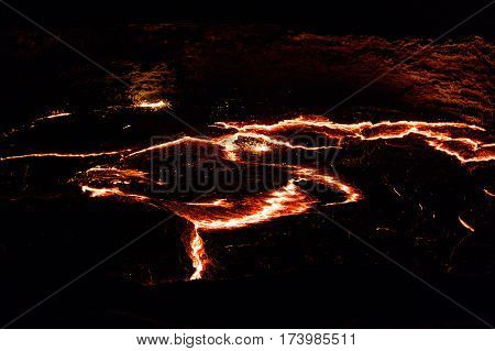 Panorama of Erta Ale volcano crater melting lava Danakil depression Ethiopia
