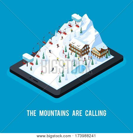 Skiing resort isometric conceptual composition with snowy mountain scenery with ropeway on top of tablet screen vector illustration