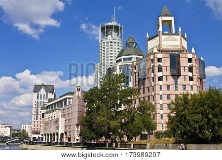 MOSCOW - JULY 04 2010: business centre Red Hills on Kosmodamianskaya quay includes business centre Riverside Towers and Swissotel has been built in 2005.