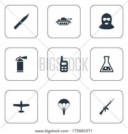 Set Of 9 Simple Army Icons. Can Be Found Such Elements As Chemistry, Terrorist, Extinguisher And Other.