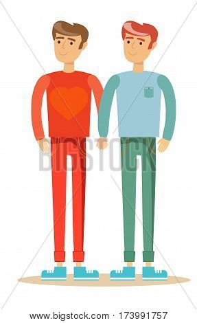 Gay couple with hand in hand. Cartoon character illustration of young men. Isolated on white background. Stock vector illustration for poster, greeting card, website, ad.