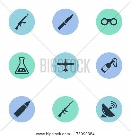 Set Of 9 Simple Terror Icons. Can Be Found Such Elements As Air Bomber, Cold Weapon, Rifle Gun And Other.