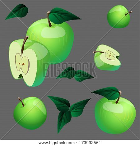 Green apples on gray background. Vector illustration.