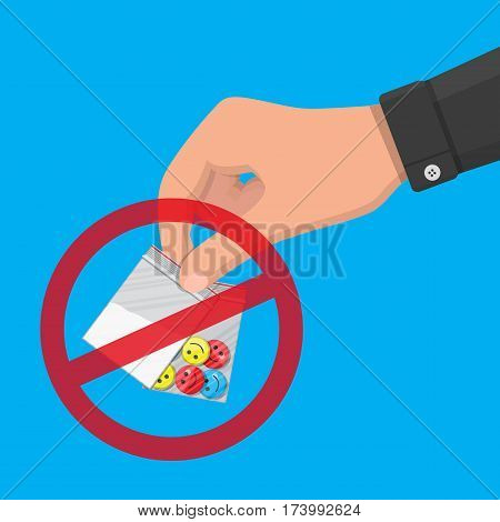 Hand of the drug dealer holding bag of narcotic pills and cocaine. Anti-drug concept. Vector illustration in flat style