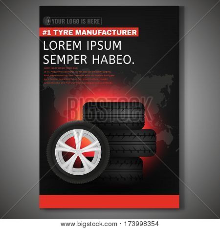 Vector Tyre poster template. Modern idea for flyer, book, booklet, brochure and leaflet design. Editable graphic layout with copyspace in dark grey, red and black colors
