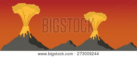 Concept Of Natural Climate Disaster Of Mankind. Vector Illustration Cartoon Eruption Two Volcanoes O