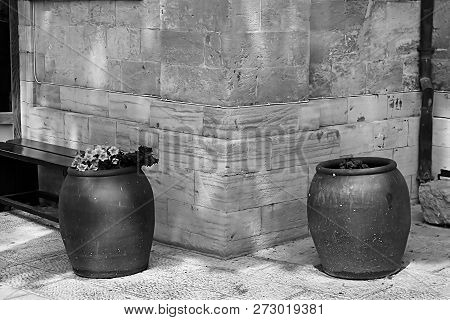 Bench And Wine Bowls With Flowers Near The Cana Greek Orthodox Wedding Church In Cana Of Galilee, Kf