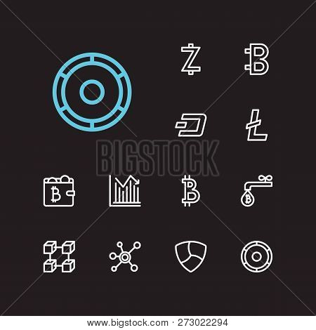 Blockchain Icons Set. Stock Price And Blockchain Icons With Zcash, Bitcoin And Coin Faucet. Set Of D