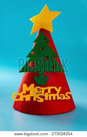 Christmas Decorative Hat With Fir Tree On Blue Backgroundchristmas Decorative Hat With Fir Tree On B
