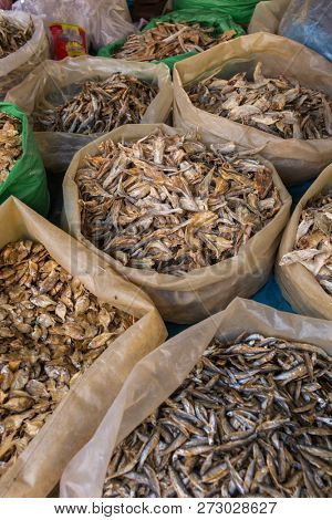Small dry fish on a stall at the market in Meghalaya state, Northeast India