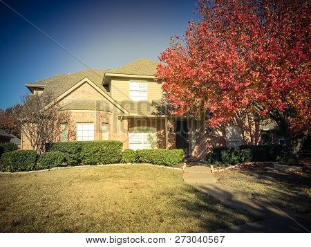 Filtered Image Typical Entrance Of American House In Fall Season With Colorful Tree