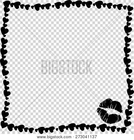 Vector Black Retro Vintage Border Photo Frame Of Hearts With Kiss Mark Silhouette In Corner. Valenti