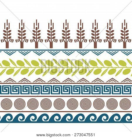 Cute Seamless Border With Olives, Wheat, And Greek Symbols.
