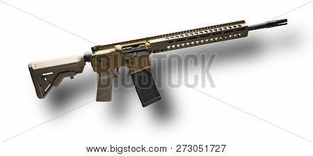 Ar-15 With Tan Stock And Pistol Grip Casting A Shadow On A White Background