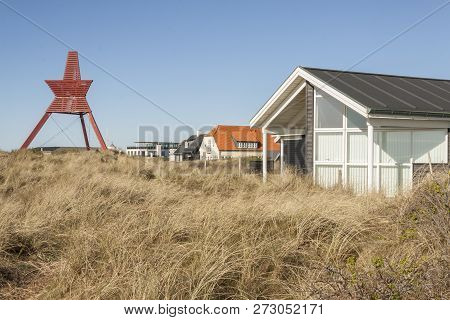 Coast Of North Sea And Red Monument In Lokken - Denmark.