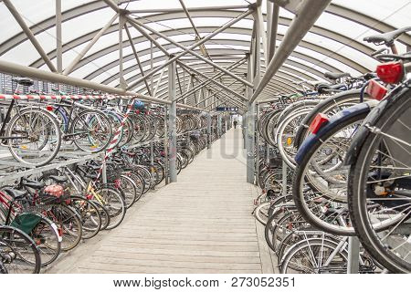 Aarhus, Denmark - May 9, 2017: Bicycles Parking In Center Of Town  Near Train Station On May 9, 2017