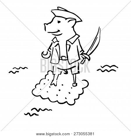 Funny Costumed Pig Corsair With Cutlass And Hook