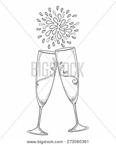 Vector Drawing With Two Outline Toasting Champagne Glasses Or Flute In Black Isolated On White Backg