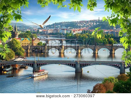 View Of Bridges In A Row On River Vltava In Prague