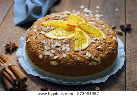 Orange Oat Cake, Freshly Baked Vegan Pie, Dairy Free And Eggless Dessert