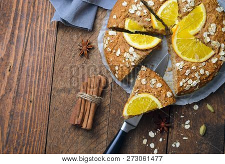 Orange Oat Cake, Freshly Baked Vegan Pie, Dairy Free And Eggless Dessert