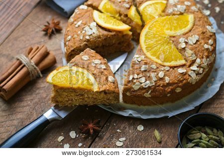 Orange Oat Cake, Freshly Baked Vegan Pie, Dairy Free And Eggless Dessert