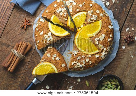 Orange Oat Cake, Freshly Baked Vegan Pie, Dairy Free And Eggless Dessert