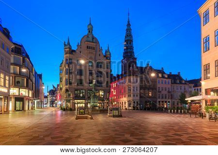 Stork Fountain On The Amagertorv Square, Stroget Street During Morning Blue Hour, Copenhagen, Capita