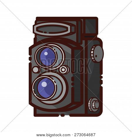 Old Twin Lens Reflex Camera. Line Style Retro Photography Device. Vector Illustration Of Vintage Cam