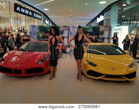 Piatra Neamt, Romania - October 19, 2018: Ferrari 488 And Lamborghini Huracan Lp 610 Supercars In Sh