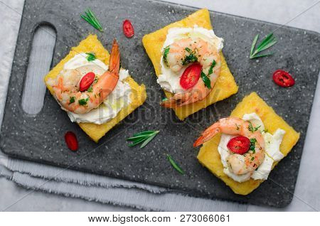 Polenta Bites With Shrimp And Cream Cheese, Polenta Appetizer, Delicious Snack