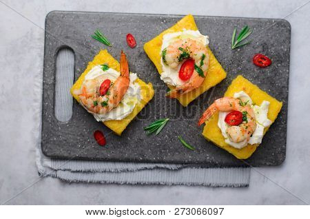 Polenta Bites With Shrimp And Cream Cheese, Polenta Appetizer, Delicious Snack