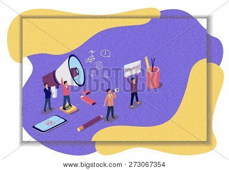 Vintage Isometric Illustration Concept. Group Of People Shouting On Megaphone With Coming Soon Word.