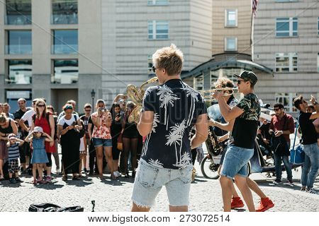 Germany, Berlin, September 05, 2018: A Group Called Blowing Doozy Plays Jazz On The Square Next To T
