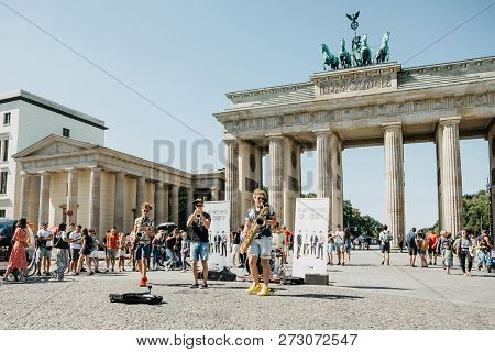 Germany, Berlin, September 05, 2018: A Group Called Blowing Doozy Plays Jazz On The Square Next To T