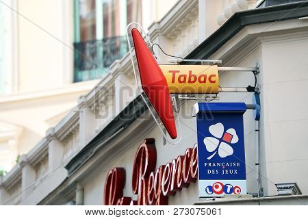 Menton, France - March 27, 2018: French Tobacco Shop With Loto Signs, Francaise Des Jeux (fdj) In Me