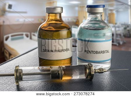 Two Vials Of Sodium Thiopental Anesthesia And Pentobarbital In A Hospital, Conceptual Image