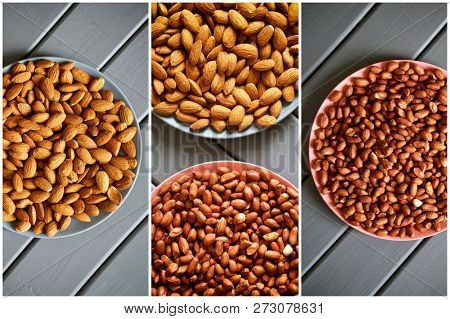 Nuts. Almonds And Peanuts In Colorful Plates On A Gray Wooden Table. Three-part Image. Proper Nutrit