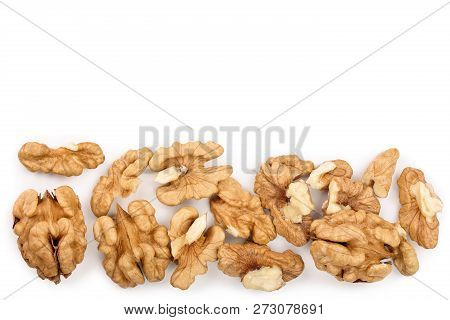 Peelled Walnuts Isolated On White Background With Copy Space For Your Text. Top View. Flat Lay
