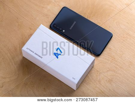 Rostov-on-don, Russia - November 2018. Samsung Galaxy A7 Close-up On The Table. The New Smartphone F