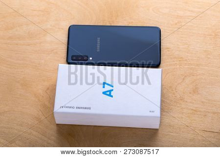 Rostov-on-don, Russia - November 2018. Samsung Galaxy A7 Close-up On The Table. The New Smartphone F