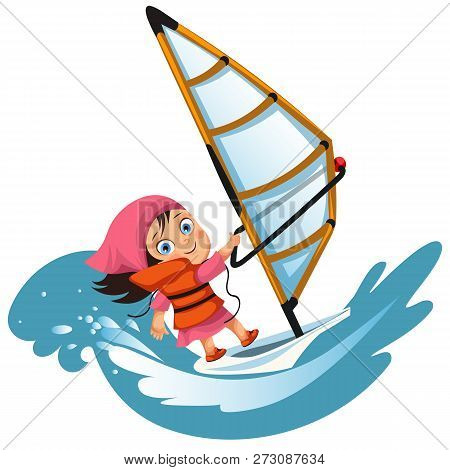 Cartoon Little Girl Sailing In Ocean Wearing Lifejacket