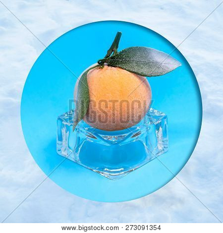 Frozen Mandarin On Ice Cube In Snow Frame. Creative Concept: Quickly Frozen Fruits And Vegetables Re