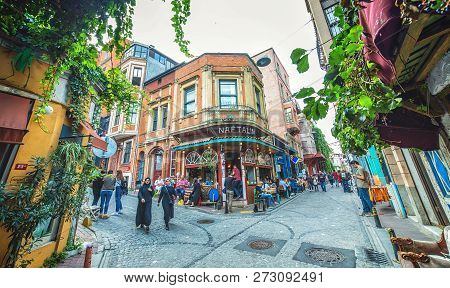 Istanbul, Turkey: Colorful Street And Popular Cafe At Balat Which Is A Historic Neighbourhood Of Ist